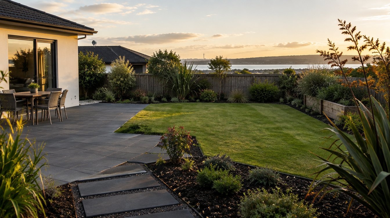 A tidy Auckland backyard with a charcoal paver patio, fresh lawn and planted garden beds at golden hour