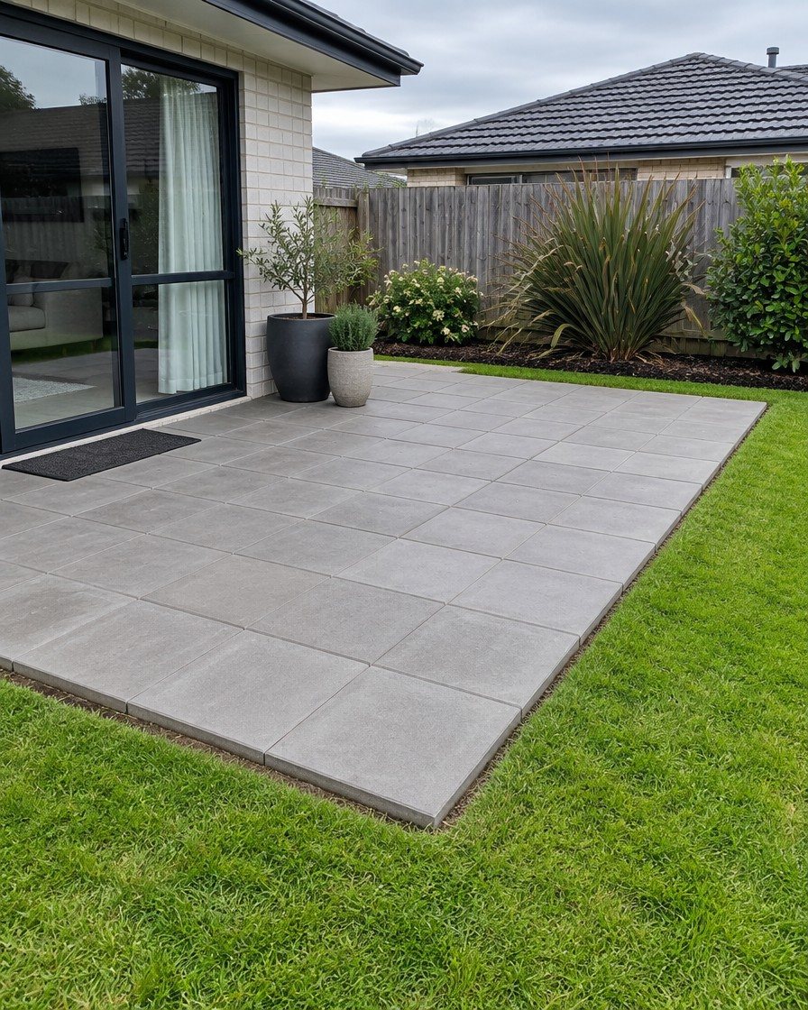 A newly laid grey paver patio meeting a fresh green lawn