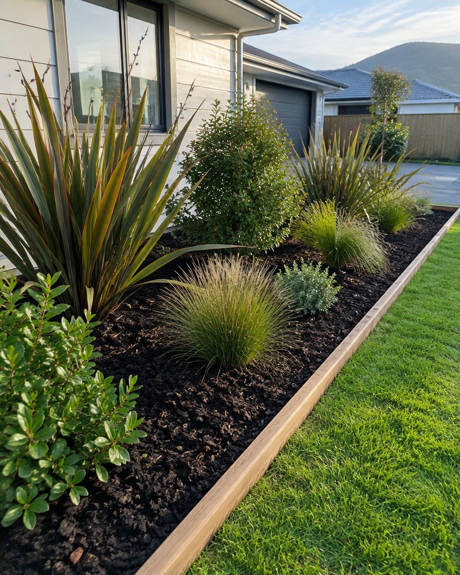 A new garden bed of native grasses and flax in dark bark with timber edging