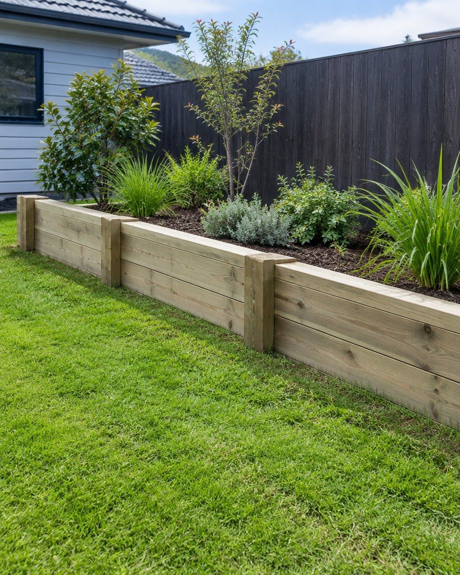 A low timber sleeper retaining wall holding a planted bed above fresh turf