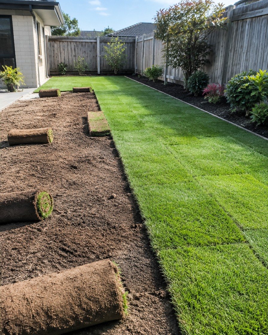 Rolls of ready-lawn being laid on prepared soil